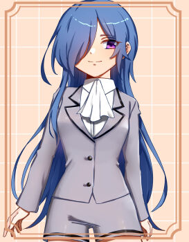  1girl alternate_hair_length alternate_hairstyle ascot blue_hair commentary_request eyes_visible_through_hair framed grey_jacket grey_shorts grid_background hair_over_one_eye highres hiiro_(kiiro_ex) jacket kimi_no_koto_ga_dai_dai_dai_dai_daisuki_na_100-nin_no_kanojo light_smile long_hair long_sleeves looking_at_viewer nakaji_uto one_eye_covered orange_background purple_eyes shirt short_shorts shorts simple_background solo very_long_hair white_ascot white_shirt 