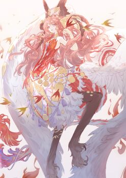  1girl absurdly_long_hair absurdres bare_shoulders blue_eyes body_fur breasts centauroid chimera chinese_commentary circlet claws commentary_request dress feathered_wings floating floating_hair hair_between_eyes hair_ornament highres long_hair looking_at_viewer medium_breasts monster_girl nautika_(reverse:1999) official_alternate_costume open_mouth pink_hair plunging_neckline red_dress reverse:1999 sao7 sidelocks simple_background solo strapless strapless_dress taur very_long_hair white_background white_fur wing_hair_ornament wings 