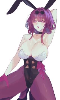  1girl adapted_costume animal_ears arm_behind_head bare_shoulders black_choker black_leotard breasts choker cleavage commentary commentary_request english_commentary fake_animal_ears gnu36 highres honkai:_star_rail honkai_(series) kafka_(honkai:_star_rail) large_breasts leotard looking_at_viewer mixed-language_commentary pantyhose purple_eyes purple_hair purple_pantyhose rabbit_ears short_hair simple_background solo white_background  rating:Sensitive score:2 user:danbooru