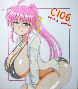  1girl absurdres ahoge bikini black_bikini blue_eyes breasts cleavage closed_mouth comiket_106 dated gh9000 hair_between_eyes high_ponytail highres large_breasts long_hair long_sleeves looking_at_viewer lyrical_nanoha mahou_shoujo_lyrical_nanoha open_clothes open_shirt pink_hair ponytail shikishi shirt sideboob sidelocks signum smile solo swimsuit upper_body white_shirt 