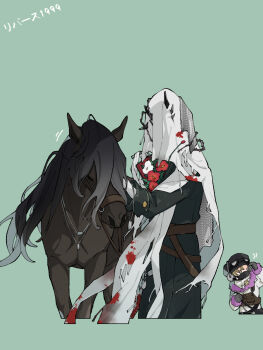  1boy 1girl black_coat black_hat black_horse black_mask charon_(reverse:1999) coat commentary_request copyright_name covered_face cropped_torso dog_tags flower goggles goggles_on_headwear green_background hat highres holding_dog_tags kaeru_(uj26cobrsv) mask merel_(reverse:1999) mouth_mask newsboy_cap poppy_(flower) red_flower reverse:1999 upper_body veil white_coat white_flower white_veil 