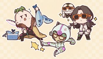  3boys beach_boy_(stand) brown_hair checkered_clothes chibi chibi_only fish fishing_rod flying_sweatdrops ghiaccio green_hair highres ice_skates illuso jojo_no_kimyou_na_bouken kasasagi_(hinagi) long_hair male_focus man_in_the_mirror_(stand) multiple_boys orange-framed_eyewear outline pesci skates sparkle stand_(jojo) sunglasses vento_aureo white_album_(stand) white_outline yellow_background 
