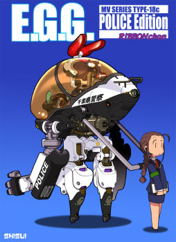  2girls armband artist_name blue_background blue_jacket blue_skirt braid brown_hair collared_shirt commentary_request english_text full_body gradient_background green_armband headset holding jacket long_sleeves mecha multiple_girls necktie original police ponytail red_necktie robot shirt shisui sidelocks skirt star_(symbol) white_shirt 