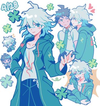 2boys birthday_date catp0sse chibi chibi_inset clover commentary danganronpa_(series) danganronpa_2:_goodbye_despair dated english_commentary four-leaf_clover heart highres hinata_hajime implied_yaoi komaeda_nagito multiple_boys nervous_sweating poses simple_background sweat white_background 