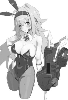  1girl :o alternate_costume animal_ear_hairband animal_ears bare_shoulders black_leotard breasts cosmic_break cross detached_collar fake_animal_ears hairband hand_on_own_hip hanna_fritz highres iron_cross large_breasts leotard long_hair pantyhose pile_bunker playboy_bunny rabbit_ears shitagani strapless strapless_leotard sweatdrop 