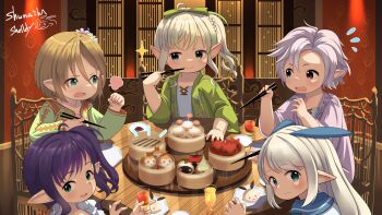  5girls blonde_hair blue_eyes blush bomb_(final_fantasy) braid brown_hair chopsticks clenched_hand closed_mouth cup final_fantasy final_fantasy_xiv green_eyes green_ribbon green_shirt hair_ribbon heterochromia highres holding holding_chopsticks lalafell long_hair looking_at_another looking_at_viewer looking_back mandragora_(final_fantasy) moogle multiple_girls open_mouth paissa plate puff_of_air purple_eyes purple_hair purple_shirt ribbon school_uniform serafuku shelldy shirt short_hair side_ponytail signature sitting smile table warrior_of_light_(ff14) white_hair 