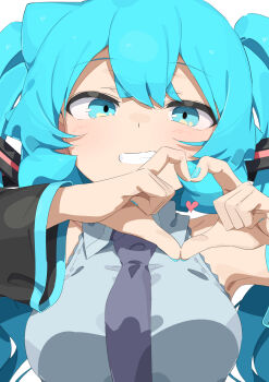  1girl abmayo black_sleeves blue_eyes blue_hair breasts collared_shirt detached_sleeves grey_necktie grey_shirt hatsune_miku heart heart_hands highres large_breasts necktie parted_lips shirt short_sleeves simple_background solo teeth twintails upper_body vocaloid white_background  rating:General score:23 user:danbooru