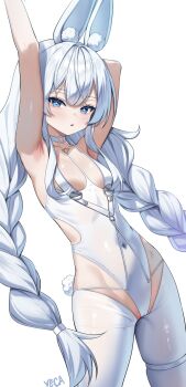 +_+ 1girl animal_ears arm_up armpits azur_lane braid breastless_clothes breastless_leotard choker commentary_request covered_navel crotchless crotchless_pantyhose fake_animal_ears fake_tail highres le_malin_(azur_lane) le_malin_(listless_lapin)_(azur_lane) leotard long_hair looking_at_viewer low_twin_braids o-ring o-ring_choker official_alternate_costume pantyhose playboy_bunny rabbit_ears rabbit_tail solo tail twin_braids veca white_background white_leotard white_pantyhose 