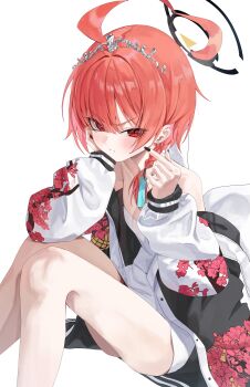  1girl absurdres bare_legs bare_shoulders black_halo black_jacket black_nails blue_archive blush closed_mouth dress finger_heart floral_print hair_between_eyes halo head_rest highres jacket looking_at_viewer neru_(blue_archive) open_clothes open_jacket red_eyes red_hair rosu_1109 short_dress short_hair solo sukajan tiara white_dress white_sleeves 