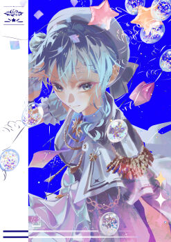  1girl absurdres blue_background blue_eyes blue_hair blush bow breasts bubble dress epaulettes fingerless_gloves flower frills full_body glitter gloves hand_up happy_birthday highres hololive hoshimachi_suisei hoshimachi_suisei_(supernova) mercs_(kapebeovorus) ribbon single_epaulette single_vertical_stripe star_(symbol) star_in_eye symbol_in_eye twitter_username upper_body virtual_youtuber white_gloves 