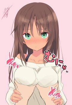  1girl 1other absurdres alice_gear_aegis aqua_eyes bare_shoulders blush bra_strap breasts brown_hair closed_mouth commentary eijirou02 grabbing_another's_breast groping guided_breast_grab guiding_hand highres kaneshiya_sitara large_breasts long_hair long_sleeves looking_at_viewer off-shoulder_shirt off_shoulder pink_background pov pov_hands shirt signature simple_background solo_focus straight-on sweatdrop upper_body 