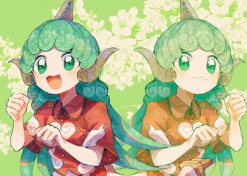  :3 cloud_print collared_shirt commentary_request curly_hair dual_persona floral_background geta green_background green_hair horns itomugi-kun komano_aunn long_hair looking_at_viewer open_mouth red_shirt shirt short_sleeves single_horn touhou 