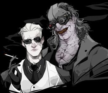  2boys absurdres black_background black_gloves black_necktie black_shirt cigarette closed_mouth coat collared_shirt collared_vest colored_skin cracked_skin cyborg evil_grin evil_smile fangs formal_clothes gloves goggles golden_tooth grin hair_slicked_back hand_up hashtag-only_commentary helmet highres holding holding_cigarette jacket jewelry long_hair long_sleeves looking_at_viewer male_focus mask medium_hair multiple_boys necktie open_clothes purple_skin resident_evil resident_evil_requiem scar scar_across_eye scar_on_face scar_on_mouth sharp_teeth shirt short_hair simple_background smile smoke smoke_trail smoking stitches suit sunglasses teeth upper_body vest victor_gideon white_hair white_vest wide_mouth woodloose204 zeno_(resident_evil) 