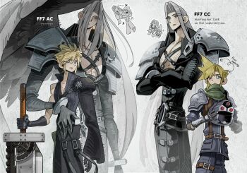  !? 2boys age_comparison arm_armor armor asymmetrical_sleeves belt black_belt black_coat black_gloves black_wings blonde_hair blue_eyes blue_shirt blue_vest bracer bright_pupils carrying carrying_person chest_strap chibi chibi_inset coat crisis_core:_final_fantasy_vii crossed_arms elbow_gloves english_text expressionless feathered_wings final_fantasy final_fantasy_vii final_fantasy_vii:_advent_children final_fantasy_vii_remake fusion_swords gloves green_scarf grey_background hair_intakes hand_on_another's_face hand_on_another's_stomach height_difference helmet high_collar highres holding holding_unworn_helmet long_bangs long_coat long_hair looking_to_the_side male_focus multiple_belts multiple_boys multiple_views open_clothes open_coat open_mouth outline parted_bangs pauldrons planted planted_sword planted_weapon pushing_away scarf shinra_infantry_uniform shirt short_hair shoulder_armor shoulder_strap single_pauldron single_wing sparkle spiked_hair standing sword thigh_strap toned toned_male unworn_headwear unworn_helmet upper_body very_long_hair vest waist_cape weapon white_outline white_pupils wings yaoi yatgam 