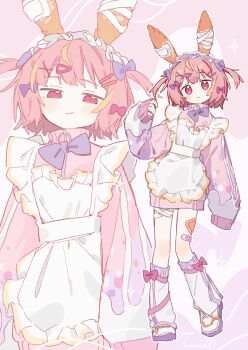  1girl 1other :/ absurdres animal animal_ears apron artist_name bandaged_ear bandaged_leg bandages bandaid bandaid_on_ear bandaid_on_leg blush bow bowtie commentary_request creature_and_personification expressionless footwear_bow frilled_apron frills full_body gauze gauze_on_leg hair_between_eyes hair_bow hair_ornament hairclip hand_up head_tilt headdress highres kneehighs komerina long_sleeves looking_at_viewer maid maid_apron maid_headdress medium_hair multicolored_sweater multiple_hair_bows multiple_views no_nose no_pants no_pupils original parallel_hairclips personification pink_bow pink_eyes pink_hair pink_socks pink_sweater purple_bow purple_bowtie sea_slug sea_slug_ears sea_slug_girl shoes short_twintails sidelocks sleeves_past_fingers sleeves_past_wrists smile socks standing sweater twintails two_side_up unconventional_maid upper_body waist_apron white_apron white_headdress white_shoes x_hair_ornament yellow_trim zipper 