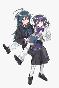  2girls ahoge alternate_costume alternate_hairstyle black_sailor_collar blush book checkered_clothes commentary_request danganronpa_(series) danganronpa_v3:_killing_harmony drink drinking full_body genderswap genderswap_(mtf) hair_between_eyes highres holding holding_book holding_drink invisible_chair long_hair long_skirt loose_socks multiple_girls oma_kokichi open_book pleated_skirt purple_eyes purple_hair reading ringed_eyes saihara_shuichi sailor_collar school_uniform short_hair short_twintails simple_background sitting sitting_on_lap sitting_on_person skirt socks tujiang6 twintails white_background white_socks yellow_eyes yuri 