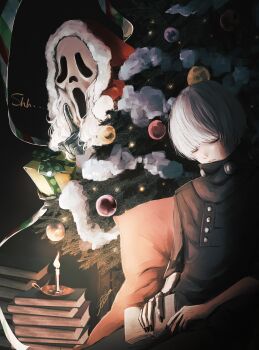  2boys absurdres beco_(karikaribaconchan) black_gloves black_nails book book_stack box candle christmas_tree commentary_request dead_by_daylight ghostface gift gift_box gloves highres holding hood hood_up index_finger_raised kaneki_ken multiple_boys nail_polish santa_costume scream_(movie) short_hair teeth tokyo_ghoul white_hair 