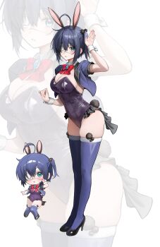  1girl absurdres ahoge alternate_breast_size_(larger) animal_ears arm_up black_leotard black_shoes blue_eyes blue_hair blue_jacket blue_thighhighs blush bow breasts chibi chibi_inset chuunibyou_demo_koi_ga_shitai! commentary_request covered_navel detached_collar eyepatch fur-trimmed_thighhighs fur_trim gunu_(nyzn3223) hair_between_eyes hair_ornament high_heels highres jacket leotard looking_at_viewer medical_eyepatch medium_breasts official_alternate_costume playboy_bunny pom_pom_(clothes) pom_pom_hair_ornament rabbit_ears rabbit_tail red_bow shoes short_hair solo standing strapless strapless_leotard tail takanashi_rikka thighhighs white_background wrist_cuffs zoom_layer 