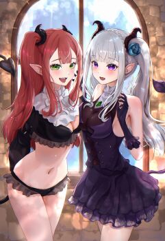  2girls absurdres alternate_costume arms_behind_back asymmetrical_docking black_panties black_shirt blunt_bangs blush braid breast_press breasts cleavage cleavage_cutout clothing_cutout commentary_request crossover crown_braid demon_girl demon_horns demon_tail dress elf emilia_(re:zero) fang flower frilled_panties frills gloves green_eyes grey_hair hair_flower hair_ornament hands_up highres horn_scrunchie horns indoors justjast kitagawa_marin long_hair long_sleeves looking_at_viewer medium_breasts multiple_girls navel open_mouth panties pointy_ears purple_dress purple_eyes purple_gloves re:zero_kara_hajimeru_isekai_seikatsu red_hair revealing_clothes rizu-kyun shirt shrug_(clothing) signature skin_fang sleeveless sleeveless_dress sono_bisque_doll_wa_koi_wo_suru standing tail twintails underwear white_shrug window yuri 