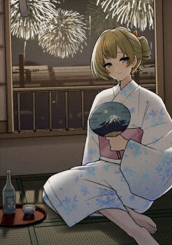  1girl balcony barefoot blue_eyes bottle commentary_request cup fireworks green_eyes green_hair hand_fan heterochromia holding holding_fan idolmaster idolmaster_cinderella_girls japanese_clothes kimono looking_at_viewer mole mole_under_eye obi oumi_mizu sakazuki sake_bottle sash seiza short_hair sitting solo takagaki_kaede white_kimono 