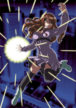  1girl ankle_boots arm_up belt black_belt black_thighhighs blurry blurry_background boots breasts brown_eyes brown_hair building chest_belt cleavage dark_background dress energy evil_grin evil_smile glowing grin head_tilt high_heel_boots high_heels large_breasts light_blush long_hair long_sidelocks long_sleeves mugino_shizuri muichimon plasma purple_background purple_dress short_dress sidelocks smile solo thighhighs toaru_kagaku_no_railgun toaru_kagaku_no_railgun_s toaru_majutsu_no_index v-shaped_eyebrows wavy_hair white_boots 