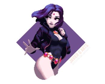  1girl absurdres breasts cleavage cleavage_cutout clothing_cutout dc_comics highres jacket javier_guerrero_diaz leotard lips looking_back medium_breasts pale_skin pixel_art purple_eyes purple_hair purple_lips raven_(dc) solo watermark  rating:Sensitive score:19 user:danbooru
