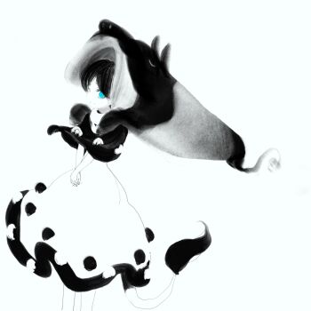  1girl animal_hat blue_eyes capelet doremy_sweet dress dutch_angle feet_out_of_frame from51572962 greyscale hat highres looking_at_viewer monochrome pom_pom_(clothes) short_hair spot_color standing tail tapir tapir_girl tapir_tail touhou two-tone_dress v_arms 