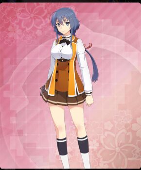  1girl ahoge aqua_eyes bare_legs black_bow black_bowtie blue_hair blue_socks bow bowtie breasts brown_skirt brown_vest buttons closed_mouth double-breasted double-parted_bangs feet_out_of_frame floral_background game_cg hair_ornament hair_ribbon hairclip kneehighs large_breasts long_hair long_sleeves looking_at_viewer low_ponytail mole mole_under_eye official_art osafune_girls_academy_school_uniform pink_background ponytail red_ribbon ribbon school_uniform setouchi_chie shirt sidelocks skirt smile socks solo striped_ribbon third-party_source toji_no_miko toji_no_miko:_kizamishi_issen_no_tomoshibi two-tone_socks underbust variant_set vest white_shirt white_socks 