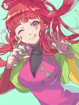  1girl blunt_bangs double_v earrings gnosia hair_between_eyes heart heart_earrings heart_tattoo high_ponytail jewelry long_hair long_sleeves looking_at_viewer nail_polish ponytail red_hair simple_background smile solo sq_(gnosia) stereodives tattoo upper_body v 