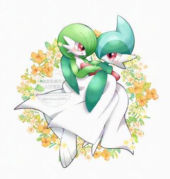 1boy 1girl artist_name blush bob_cut carrying closed_mouth colored_skin eye_contact flat_chest flower full_body gallade gardevoir gen_3_pokemon gen_4_pokemon green_hair green_skin hair_over_one_eye hands_on_another's_chest hands_up happy hetero looking_at_another mohawk multicolored_hair multicolored_skin nintendo no_feet one_eye_covered open_mouth orange_flower pokemon pokemon_(creature) princess_carry red_eyes round_image short_hair smile tsukasa_pika twitter_username two-tone_hair two-tone_skin watermark white_skin yellow_flower