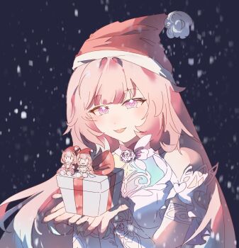  1girl bare_shoulders box breasts commentary_request cyrene_(demiurge)_(honkai:_star_rail) cyrene_(honkai:_star_rail) cyrene_(philia093)_(honkai:_star_rail) diamond-shaped_pupils diamond_(shape) dress gift gift_box hat highres holding holding_gift honkai:_star_rail honkai_(series) large_breasts long_hair pink_hair purple_eyes santa_hat smile snowing solo symbol-shaped_pupils very_long_hair white_dress xxnox 
