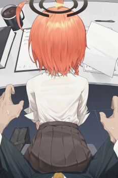  1boy 1girl absurdres ahoge black_skirt blue_archive braid chirpy coffee commentary cup facing_away halo hetero highres mug neru_(blue_archive) neru_(school_uniform)_(blue_archive) official_alternate_costume orange_hair pleated_skirt pov pov_hands sensei_(blue_archive) shirt shirt_tucked_in short_hair single_braid sitting sitting_on_person skirt sweatdrop white_shirt  rating:Sensitive score:92 user:danbooru