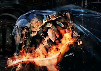  1girl arch black_gloves blue_cape cape commentary_request dancer_of_the_boreal_valley dark_souls_(series) dark_souls_iii fire flaming_sword flaming_weapon full_body gloves holding holding_sword holding_weapon hunched_over indoors mask masked solo sword umeyama_(toma23) veil weapon 