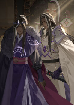  2boys aiguillette arm_at_side armor belt black_belt black_gloves black_hair black_shirt cape chinese_commentary closed_mouth comb_over cookie_run cookie_run:_kingdom curtained_hair dark-skinned_male dark_cacao_cookie dark_cacao_cookie_(vanquisher_of_the_two_dragons) dark_choco_cookie dark_choco_cookie_(young_prince) dark_skin father_and_son feet_out_of_frame fur-trimmed_cape fur_trim gloves gold_trim high_ponytail highres holding holding_sword holding_weapon humanization jacket korean_clothes light_smile lin_yueran_shi_hao_chazi long_hair long_sleeves looking_at_another male_focus mandarin_collar multicolored_hair multiple_boys official_alternate_costume pants parted_lips pauldrons picture_frame pointed_crown ponytail portrait_(object) puffy_long_sleeves puffy_sleeves purple_cape purple_eyes purple_robe red_cape red_eyes red_sash robe sash shirt shoulder_armor side-by-side sidelocks sideways_glance sleeves_past_wrists smile standing streaked_hair swept_bangs sword two-sided_cape two-sided_fabric waist_sash weapon white_cape white_hair white_jacket white_pants wrinkled_skin 