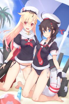 2girls :d ahoge bare_legs barefoot beach beach_umbrella beret bikini bikini_bottom_only black_bikini black_gloves black_hair black_ribbon black_shirt blonde_hair blouse blue_eyes blush braid braided_ponytail breasts closed_mouth commentary_request dan_(kumadan) day fingerless_gloves gloves gluteal_fold hair_flaps hair_ornament hair_ribbon hairclip hat highres innertube kantai_collection kneeling medium_breasts multiple_girls no_pants ocean open_mouth outdoors palm_tree red_eyes red_neckwear red_ribbon revision ribbon rigging sailor_collar shigure_(kancolle) shirt short_sleeves side-tie_bikini_bottom single_braid smile swim_ring swimsuit teeth tree tupet umbrella upper_teeth_only white_bikini white_headwear white_ribbon white_sailor_collar yuudachi_(kancolle) rating:Sensitive score:32 user:danbooru