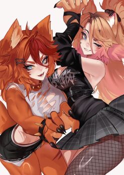  2girls absurdres animal_ears black_shirt black_skirt blonde_hair blue_eyes body_fur breasts buffpup_(vtuber) cat_ears cat_girl collar fang fangs fishnet_pantyhose fishnets hair_ornament hairpin highres indie_virtual_youtuber large_breasts looking_at_viewer multicolored_hair multiple_girls obkatiekat one_eye_closed open_mouth orange_fur orange_hair pantyhose red_collar red_streaks shirt skirt spiked_collar spikes streaked_hair suliavtuber torn_clothes torn_shirt vchiban virtual_youtuber wolf_ears wolf_girl wolf_paws x_hair_ornament 