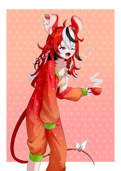 1girl absurdres ahoge animal_ears aqua_eyes black_hair blush border bow braid breasts cleavage collarbone commentary cup english_commentary eyelashes fingernails hair_bow hakos_baelz highres holding holding_cup hololive hololive_english long_sleeves mouse_ears mouse_girl mouse_tail mug multicolored_hair nail_polish one_eye_closed open_mouth pajamas polka_dot red_hair red_nails ribbon sharp_teeth single_bare_shoulder single_off_shoulder single_sleeve_past_fingers sleepy solo specwamen steam tail tail_ornament tail_ribbon teeth upper_teeth_only virtual_youtuber white_border white_hair 