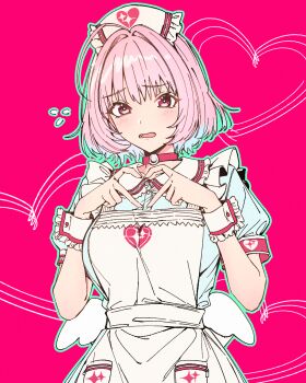  1girl ahoge apron aqua_border aqua_dress aqua_hair armband blush border breasts chinese_commentary choker commentary dress fang flying_sweatdrops frilled_apron frilled_wrist_cuffs frills hair_intakes hat heart heart_background heart_hands heart_print highres idolmaster idolmaster_cinderella_girls idolmaster_cinderella_girls_starlight_stage looking_at_viewer medium_hair multicolored_hair nurse_cap open_mouth pink_armband pink_background pink_choker pink_eyes pink_hair qaqyes_re short_sleeves solo sparkle_print two-tone_hair white_apron white_hat white_wings white_wrist_cuffs wings wrist_cuffs yumemi_riamu 