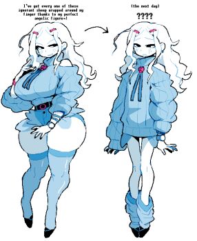  1girl ? ?? arms_at_sides belt black_eyes blue_sweater breast_reduction breasts brooch clothing_cutout colored_skin curvy cutoffs dizzyspells english_text exposed_pocket flat_chest full_body hair_ornament hairclip heart heart_brooch highres instant_loss jewelry large_breasts long_hair micro_shorts multiple_views original oversized_clothes oversized_thighhighs parted_bangs shorts shoulder_cutout sidelocks sweater thick_thighs thighhighs thighs turtleneck turtleneck_sweater watch white_hair white_skin 