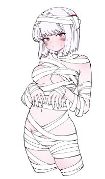  1girl bandages blush bob_cut breasts commentary_request cropped_legs hair_intakes highres jujutsu_kaisen kimdoki korean_commentary medium_breasts naked_bandage navel pale_skin red_eyes short_hair solo uraume_(jujutsu_kaisen) white_background white_hair 