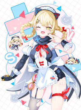  >_< 1girl :< :3 :d ;3 ;d =_= alternate_costume animal_ear_hairband animal_ears apron black_gloves black_hairband black_shirt black_shorts black_sleeves blonde_hair blush braid braided_hair_rings cat_ear_hairband cat_ears chibi commentary cowboy_shot detached_sleeves dot_nose enmaided fake_animal_ears fang frilled_apron frills garter_straps genshin_impact gloves grey_thighhighs hair_rings hairband hand_up highres jahoda_(genshin_impact) leg_ribbon long_hair maid maid_headdress one_eye_closed open_mouth red_ribbon ribbon shirt short_shorts shorts single_thighhigh sleeveless sleeveless_shirt smile star-shaped_pupils star_(symbol) symbol-shaped_pupils thigh_ribbon thighhighs torn_clothes torn_thighhighs watermark white_apron white_background x3 xd yellow_eyes yutukicom 