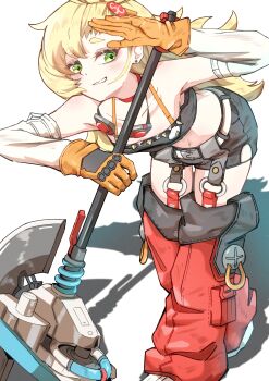  1girl absurdres black_shorts black_tube_top blonde_hair crop_top gloves goggles goggles_around_neck green_eyes highres holding holding_weapon leaning_forward long_hair looking_at_viewer miles0088 orange_gloves pants piper_wheel red_pants shorts simple_background smile solo spiked_shirt strapless tube_top unworn_eyewear weapon zenless_zone_zero 
