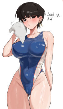  1girl absurdres black_eyes black_hair blush breasts cameltoe earrings english_text hand_up highres holding holding_towel jewelry komi-san_wa_komyushou_desu komi_shuuko large_breasts looking_at_viewer mole mole_under_eye non-web_source one-piece_swimsuit radon86_nya shiny_skin short_hair simple_background skin_tight solo standing steam sweat swimsuit thick_thighs thighs third-party_source towel wet 