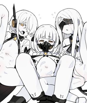 3girls absurdres black_mask blindfold blue_archive colored_skin covered_eyes ein_(blue_archive) highres loli multiple_girls navel ohr_(blue_archive) open_mouth pearlgang_e short_hair sof_(blue_archive) symbol-shaped_pupils white_hair white_skin x-shaped_pupils yellow_eyes