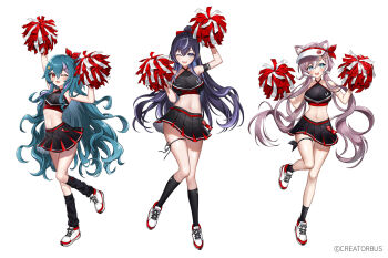  3girls animal_ears arm_up armband armpits arms_up bare_arms bare_shoulders black_shirt black_skirt black_socks blue_eyes blue_hair bow breasts brown_hair cheerleader crop_top glasses hair_bow hair_ribbon hand_up hands_up hibiwa highres holding holding_pom_poms kneehighs large_breasts limi_(v-lup) long_hair looking_at_viewer low_twintails midriff miniskirt multiple_girls navel noi_(v-lup) one_eye_closed open_mouth pleated_skirt pom_pom_(cheerleading) pom_poms ponytail raz_(v-lup) red_eyes ribbon round_eyewear shirt shoes simple_background skirt sleeveless sleeveless_shirt small_breasts smile socks stomach thighs twintails v-lup very_long_hair visor_cap white_background white_shoes 