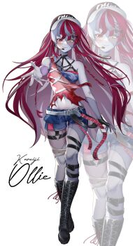  1girl absurdres alternate_costume bandeau baseball_cap belt black_boots black_gloves black_hat blue_bandeau blue_shorts boots breasts chest_harness closed_mouth colored_inner_hair colored_skin commentary crop_top crossed_ankles demise_(official_makuu) diamond-shaped_pupils diamond_(shape) english_commentary full_body gloves grey_hair grey_skin hair_ornament hairpin halterneck harness hat heterochromia highres hololive hololive_indonesia knee_boots kureiji_ollie lace-up_boots long_hair looking_at_viewer mismatched_pupils multicolored_hair multicolored_skin multiple_hairpins multiple_thigh_straps o-ring o-ring_thigh_strap offering_hand outstretched_hand patchwork_skin plaid_headscarf reaching reaching_towards_viewer red_eyes red_hair red_lips red_tank_top shorts single_glove small_breasts smile solo stitched_arm stitched_face stitched_leg stitched_torso stitches symbol-shaped_pupils tank_top thigh_strap torn_clothes torn_tank_top virtual_youtuber white_belt white_skin x-shaped_pupils x_hair_ornament yellow_eyes zombie zoom_layer 