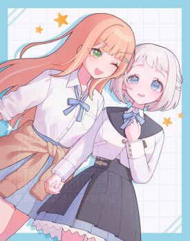  2girls :d ;d absurdres aegyo_sal black_sailor_collar black_skirt blonde_hair blue_border blue_bow blue_bowtie blue_eyes blue_hair blue_skirt blunt_bangs blunt_ends border bow bowtie breasts brown_jacket buttons clothes_around_waist collared_shirt commentary_request cowboy_shot drop_shadow fingernails gakuen_idolmaster gold_buttons green_eyes grid_background hair_ornament hairclip half_updo halftone halftone_background hand_on_own_chest heart high-waist_skirt highres hitose_rei holding_hands idolmaster interlocked_fingers jacket jacket_around_waist katsuragi_lilja layered_skirt layered_sleeves long_hair long_sleeves miniskirt mole mole_under_eye multicolored_hair multiple_girls one_eye_closed open_mouth orange_hair outside_border parallel_hairclips petticoat pleated_skirt pocket puffy_long_sleeves puffy_sleeves raised_eyebrows sailor_collar school_uniform shirt shiun_sumika short_bangs short_hair sidelocks simple_background skirt small_breasts smile standing star_(symbol) star_symbol_background straight_hair streaked_hair tareme teeth three-quarter_sleeves tsurime two-tone_hair uneven_eyes upper_teeth_only v-shaped_eyebrows very_long_hair watermark white_background white_hair white_jacket white_shirt 