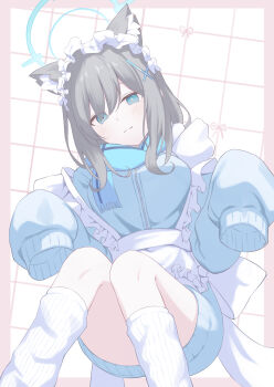  1girl absurdres alternate_costume animal_ear_fluff animal_ears apron blue_archive blue_eyes blue_halo blue_jacket blush closed_mouth commentary cross_hair_ornament grey_hair hair_ornament halo highres jacket jersey_maid kneehighs kotokoto_(pixiv_105451061) light_smile looking_at_viewer maid maid_apron maid_headdress medium_hair no_pants shiroko_(blue_archive) sleeves_past_fingers sleeves_past_wrists socks solo unconventional_maid white_socks wolf_ears wolf_girl 