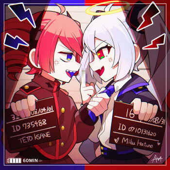  2girls ahoge alternate_costume anger_vein angry black_horns black_jacket black_shirt blue_eyes blue_necktie border buttons collared_shirt daidaidaidaidaikirai double-breasted drill_hair fang grey_hair hair_between_eyes halo hatsune_miku highres holding holding_necktie holding_sign horns inset_border jacket kasane_teto middle_finger mugshot multiple_girls necktie open_clothes open_jacket open_mouth red_eyes red_hair sato_(r017xts117) shirt shoulder_boards sign twin_drills twintails utau vocaloid white_border white_shirt 