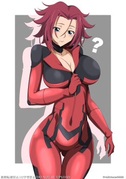  ? absurdres artist_name blue_eyes bodysuit breasts choker cleavage closed_mouth code_geass collarbone cosplay gloves highres izayoi_aki izayoi_aki_(cosplay) kouzuki_kallen large_breasts medium_hair parted_bangs railtracer8888 red_bodysuit red_hair simple_background thigh_gap thighs unzipped yu-gi-oh! yu-gi-oh!_5d's  rating:Sensitive score:15 user:VIZARD_